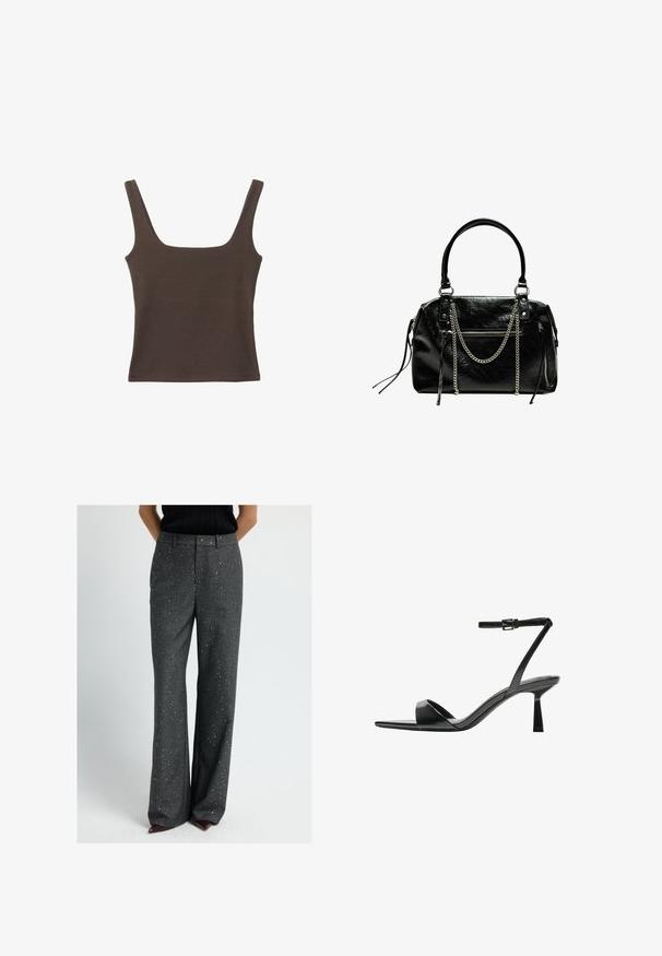 Brown sleeveless top with a square neckline, made from soft, stretchy fabric. Features a fitted design and flat seams.; Woman wearing high-waist wide-leg dark gray pants with small sparkles, paired with a black top and pointed burgundy shoes.; Bershka High heeled sandals - black; Bershka WITH CHAIN - Handbag - black