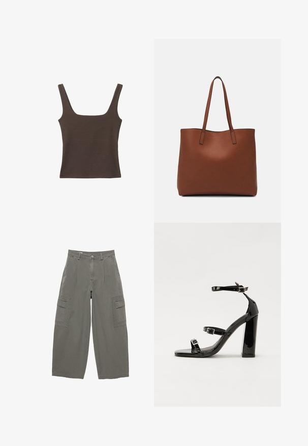 Braunes ärmelloses Oberteil mit quadratischem Ausschnitt, aus weichem, dehnbarem Stoff gefertigt. Verfügt über ein figurbetontes Design und flache Nähte.; Cargo-Hosen aus olivgrünem Stoff, mit weit geschnittenen Beinen, vorderen Taschen und zwei seitlichen Cargo-Taschen mit Klappen. Strukturierter Baumwollstoff.; Schwarze patentierte Sandalen mit Absatz, quadratischer Spitze, Knöchelriemen und silbernen Schnallen. Mit einem stabilen Blockabsatz für mehr Stabilität.; Braune Leder-Tote mit glatter Textur, offenem Oberteil und zwei Schulterriemen. Verfügt über minimale Nähte und keine sichtbaren Beschläge.
