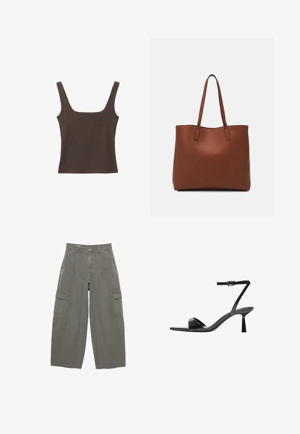 Smešani smeđi top bez rukava sa kvadratnim izrezom, izrađen od mekanog, rastezljivog materijala. Ima kroj koji se uklapa i ravne šavne.; Cargo hlače od maslinasto zelene tkanine, s širokim nogavicama, prednjim džepovima i dva bočna cargo džepa s preklopima. Tekstura od pamučnog materijala.; Bershka Sandale s visokom petom - black; Smeđa kožna torba preko ramena s glatkom teksturom, otvorenim vrhom i dvjema naramenicama. Ima minimalne šavove i nema vidljivog hardvera.