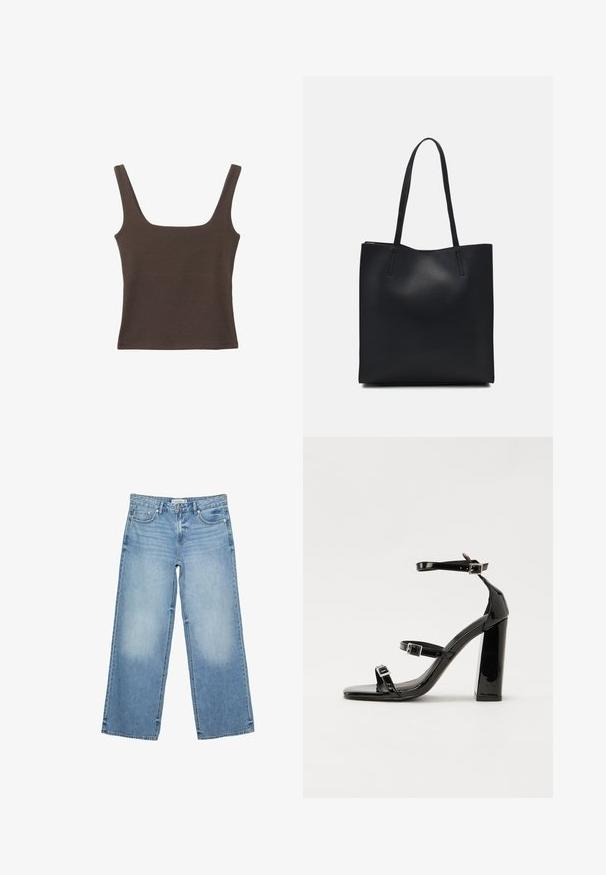 Ruskea hihaton toppi, jossa on neliönmuotoinen kaula-aukko, valmistettu pehmeästä ja joustavasta kankaasta. Ominaisuuksiin kuuluu istuva muotoilu ja sileät saumat.; Vaaleansiniset leveälahkeiset farkut, jotka on valmistettu denimistä. Ominaisuuksiin kuuluvat etutaskut, vetoketjukiinnitys ja vaaleaa kulumista reiden alueella.; Musta kiiltävä korkokenkä sandaalit neliönmuotoisella varpaalla, nilkkaremmillä ja hopeisilla soljilla. Varustettu tukevalla lohkokorkealla vakauden takaamiseksi.; Mustapahkainen kangaskassi, jossa on sileä pinta, suorakaiteen muotoinen ja kaksi pitkää kahvaa. Ei näkyvää metalliosaa tai koristeita.