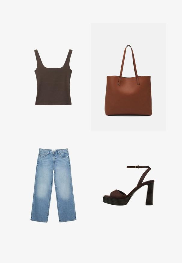 Rjava brezrokavna majica s kvadratnim izrezom, narejena iz mehkega, elastičnega materiala. Ima oprijet kroj in ravne šive.; Svetlo modre široke traperice iz denima. Značilnosti vključujejo sprednje žepke, zadrgo in svetlo bledilo vzdolž stegen.; Rjave semiš sandale z visoko peto, odprto spredaj, z nastavljivim gležnjenjem in črtastim podplatom.; Rjava usnjena torba z gladko teksturo, odprto zasnovo zgoraj in dvema naramnima trakovoma. Opremljena je z minimalnim šivanjem in brez vidnih kovinskih delov.