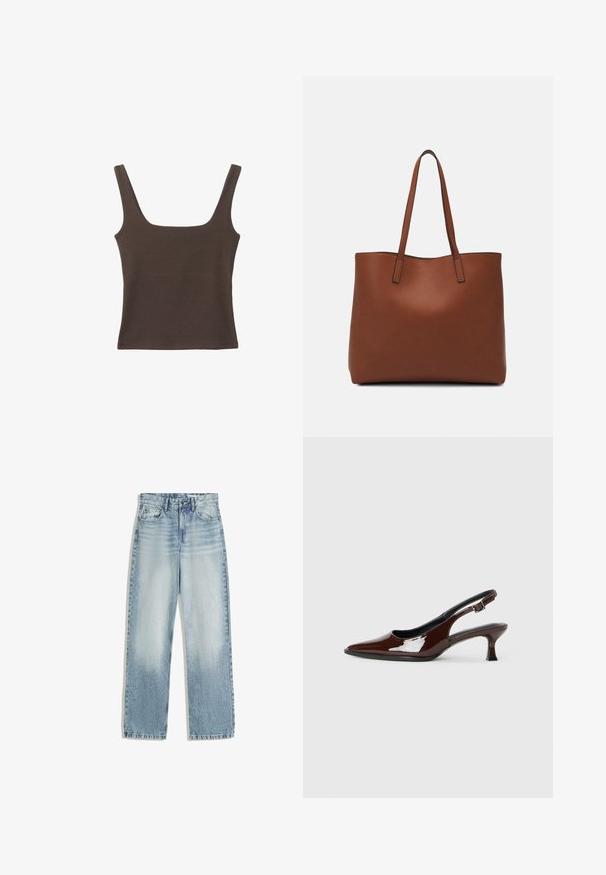 Bruine tanktop zonder mouwen met een vierkante halslijn, gemaakt van zachte, rekbare stof. Heeft een aansluitend ontwerp en platte naden.; Lichtblauwe denim jeans, hoog in de taille, met een recht model. Bevat klassieke vijf-pocket styling en subtiele vervaging aan de voorkant.; Bruine gepatineerde leren slingback-schoen met een spitse neus en een gematigd hakje. Voorzien van een gespsluiting voor een veilige pasvorm. Glad van textuur.; Bruine leren tote bag met een gladde textuur, een ontwerp met een open bovenkant en twee schouderbanden. Kenmerkt zich door minimale stiksels en geen zichtbare hardware.