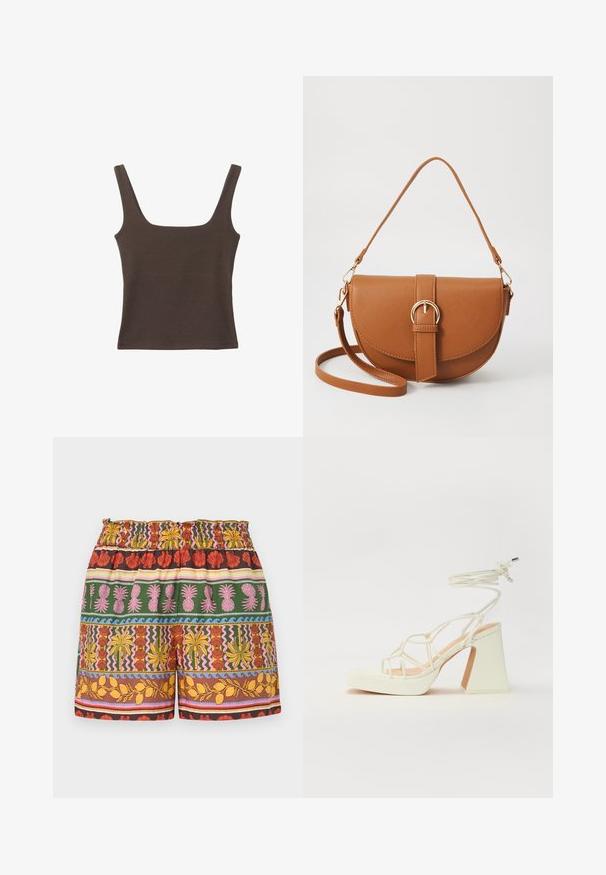 Rjava brezrokavna majica s kvadratnim izrezom, narejena iz mehkega, elastičnega materiala. Ima oprijet kroj in ravne šive.; Šortki z več vzorci, ki vključujejo mešanico svetlih barv, vključno z rdečo, rumeno, zeleno in roza, z elastičnim pasom in različnimi tropskimi motivi.; Bela sandala na visokih petah s debelim petam, ki ima obliko trakcev in vezanje okoli gležnja. Gladka tekstura z platformo spredaj za dodatno višino.; Rjava usnjena torbica prek telesa s ukrivljeno obliko, zlate opreme in sponko. Ima odstranljiv naramni trak.