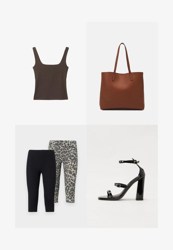 Haut sans manches marron avec un décolleté carré, fabriqué à partir d'un tissu doux et extensible. Présente un design ajusté et des coutures plates.; Deux paires de leggings courts : l'une noire unie, l'autre avec un imprimé léopard gris. Tissu doux et extensible avec une taille élastique.; Sandales à talons vernies noires avec un bout carré, des sangles autour de la cheville et des boucles en argent. Dotées d'un talon bloc épais pour plus de stabilité.; Sac fourre-tout en cuir marron avec une texture lisse, design à ouverture supérieure et deux poignées pour le porter à l'épaule. Présente des coutures minimales et aucun matériel visible.