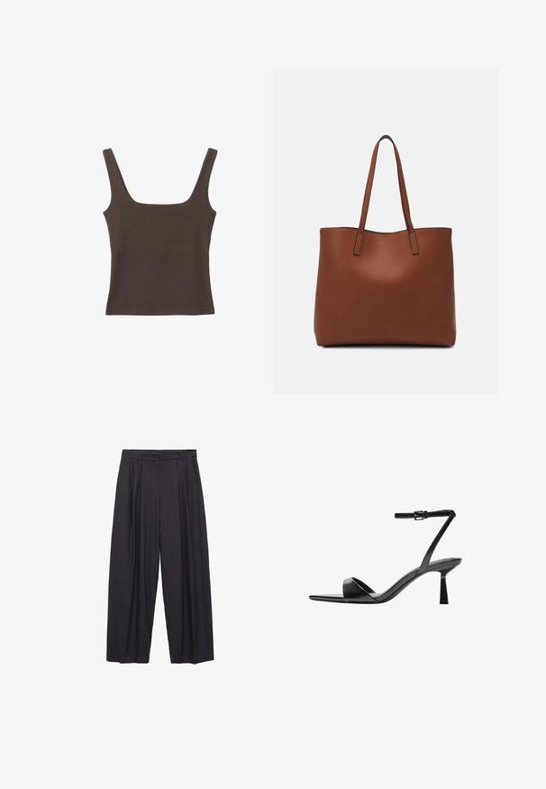Smešani smeđi top bez rukava sa kvadratnim izrezom, izrađen od mekanog, rastezljivog materijala. Ima kroj koji se uklapa i ravne šavne.; Široke hlače od tamnog mornarskog platna s suptilnim vertikalnim prugama, s kopčanjem na dugme i strukturiranim strukom.; Bershka Sandale s visokom petom - black; Smeđa kožna torba preko ramena s glatkom teksturom, otvorenim vrhom i dvjema naramenicama. Ima minimalne šavove i nema vidljivog hardvera.