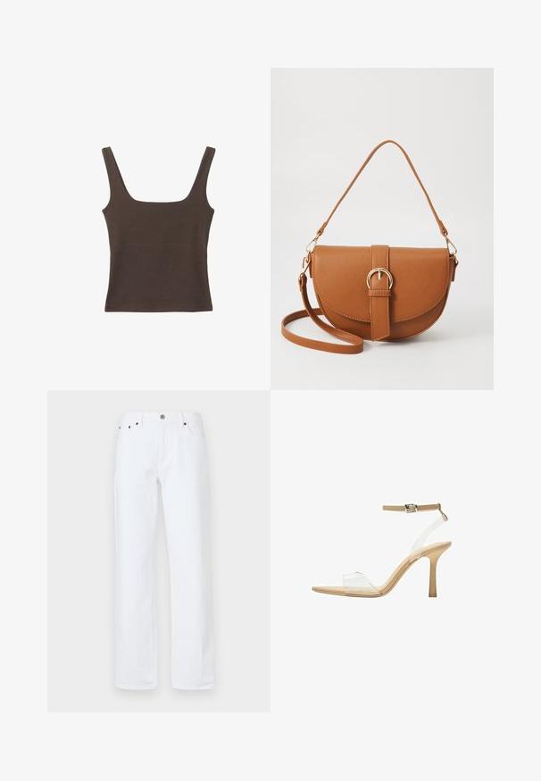 Hnědý bezramínkový top se čtvercovým výstřihem vyrobený z měkké, elastické tkaniny. Má přiléhavý design a ploché švy.; Bílé džínové kalhoty mají uvolněný střih s rovnými nohavicemi, pětimi kapsami, předním zapínáním na knoflík a měděnými nýty.; Průhledná sandálová obuv s průhledným svrškem, béžovou stélkou a štíhlým páskem kolem kotníku. Má špičatou špičku a tenký vysoký podpatek.; Hnědá kožená křížová taška s zakřiveným tvarem, zlatými detaily a akcentem s přezkou. Obsahuje odnímatelný popruh na rameno.