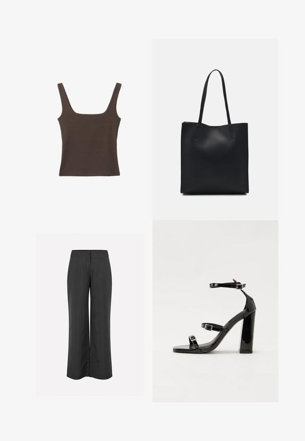 Haut sans manches marron avec un décolleté carré, fabriqué à partir d'un tissu doux et extensible. Présente un design ajusté et des coutures plates.; Pantalons larges noirs avec des rayures blanches, dotés d'une taille lisse et d'une coupe décontractée pour plus de confort, fabriqués en tissu léger.; Sandales à talons vernies noires avec un bout carré, des sangles autour de la cheville et des boucles en argent. Dotées d'un talon bloc épais pour plus de stabilité.; Sac fourre-tout en cuir noir avec une texture lisse, de forme rectangulaire et deux longues poignées. Pas de matériel ou d'ornementations visibles.