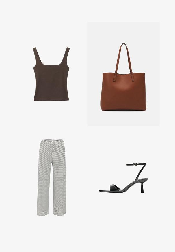 Braunes ärmelloses Oberteil mit quadratischem Ausschnitt, aus weichem, dehnbarem Stoff gefertigt. Verfügt über ein figurbetontes Design und flache Nähte.; Gestreifte weite Hosen in Schwarz und Weiß. Hergestellt aus weichem Stoff mit elastischem Bund und Kordelzug für eine verstellbare Passform.; Bershka High Heel Sandalette - black; Braune Leder-Tote mit glatter Textur, offenem Oberteil und zwei Schulterriemen. Verfügt über minimale Nähte und keine sichtbaren Beschläge.