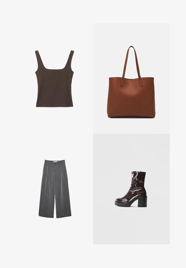 Braunes ärmelloses Oberteil mit quadratischem Ausschnitt, aus weichem, dehnbarem Stoff gefertigt. Verfügt über ein figurbetontes Design und flache Nähte.; Faltenhose mit weitem Bein aus einem dunkelgrauen Stoff mit subtiler Textur. Verfügt über einen Knopfverschluss und ein klassisches Design des Bunds.; Glatte bordeauxrote Ankle Boots mit einem klobigen schwarzen Absatz, die eine glatte Oberfläche und ein einfaches Design aufweisen. Keine sichtbaren Verschlüsse oder Muster.; Braune Leder-Tote mit glatter Textur, offenem Oberteil und zwei Schulterriemen. Verfügt über minimale Nähte und keine sichtbaren Beschläge.