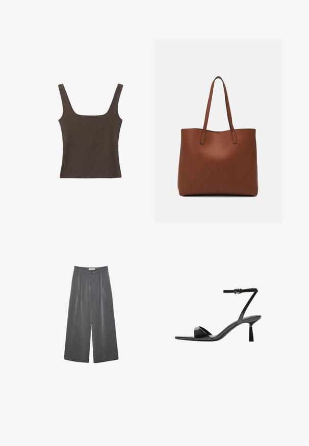 Hnědý bezramínkový top se čtvercovým výstřihem vyrobený z měkké, elastické tkaniny. Má přiléhavý design a ploché švy.; Přehnuté kalhoty s širokými nohavicemi v tmavě šedé tkanině s jemnou texturou. Obsahují zapínání na knoflík a klasický design pasu.; Bershka Sandály na vysokém podpatku - black; Hnědá kožená taška přes rameno s hladkou texturou, otevřeným designem a dvěma ramenními popruhy. Obsahuje minimální švy a žádné viditelné kovové prvky.