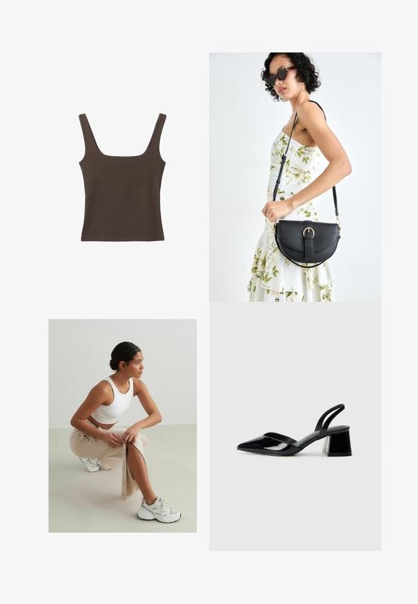 Ruskea hihaton toppi, jossa on neliönmuotoinen kaula-aukko, valmistettu pehmeästä ja joustavasta kankaasta. Ominaisuuksiin kuuluu istuva muotoilu ja sileät saumat.; Valkoinen ribatty cropped top, beige-nappiyksilöinen hame, jossa on sivuhalkio, valkoiset tennarit mustilla ja hopeisilla yksityiskohdilla, istuu vaaleataustalla.; Mustat patentoitu nahkakengät, joissa on säären takaosa ja terävä kärki, sekä geometrinen palikkakorko. Sisältää tyylikkään, minimalistisen muotoilun ja sileän pinnan.; Musta nahkainen käsilaukku, joka on kaareva muotoilultaan, irrotettavalla hihnalla ja kultaisilla yksityiskohdilla. Laukussa on läppä, jossa on solk yksityiskohta.