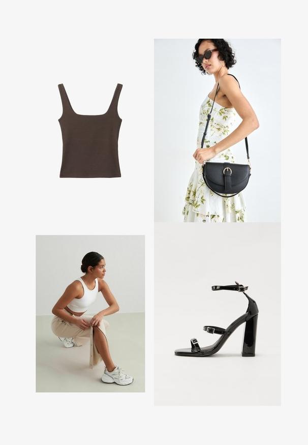 Braunes ärmelloses Oberteil mit quadratischem Ausschnitt, aus weichem, dehnbarem Stoff gefertigt. Verfügt über ein figurbetontes Design und flache Nähte.; Weißes geripptes Crop-Top, beigefarbenen Knopf-up Rock mit seitlichem Schlitz, weiße Sneaker mit schwarzen und silbernen Akzenten, sitzend vor einem hellen Hintergrund.; Schwarze patentierte Sandalen mit Absatz, quadratischer Spitze, Knöchelriemen und silbernen Schnallen. Mit einem stabilen Blockabsatz für mehr Stabilität.; Schwarze Lederhandtasche mit geschwungener Form, abnehmbarem Tragegurt und goldenen Beschlägen. Die Tasche verfügt über einen Deckel mit einer Schnallen-Details.