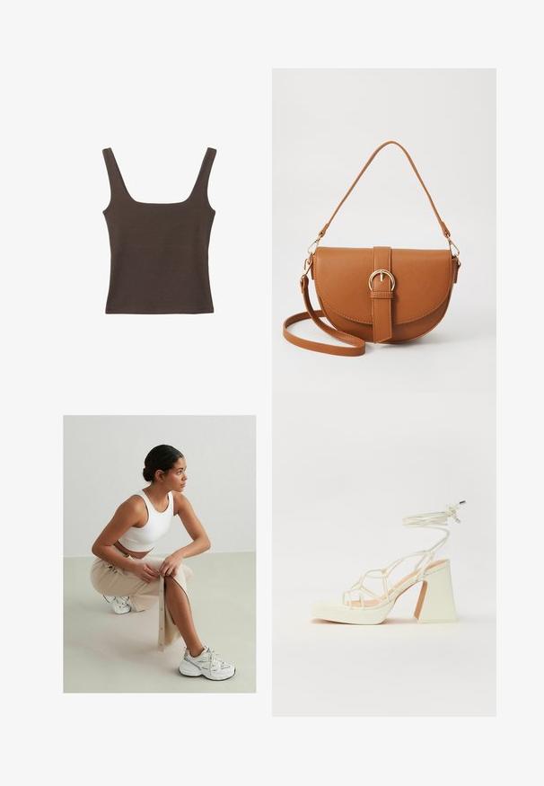 Brown sleeveless top with a square neckline, made from soft, stretchy fabric. Features a fitted design and flat seams.; White ribbed crop top, beige button-up skirt with side slit, white sneakers with black and silver accents, seated against a light background.; White high-heeled sandal with a chunky heel, featuring a strappy design and ankle tie. Smooth texture with a platform front for added height.; Brown leather crossbody bag with a curved shape, gold hardware, and a buckle accent. Features a detachable shoulder strap.