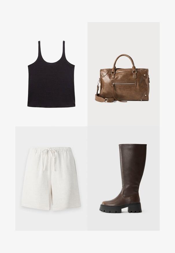 Črn top brez rokavov iz mehkega, lahkega materiala. Ima okroglo ovratnik in tanke naramnice, določen je s pravim robom in nima vzorcev ali dodatkov.; Linen kratke hlače v krem belo barvo z elastiko v pasu in vrvico. Imajo teksturirano površino in ohlapen kroj.; Rjave škornje do kolen, narejene iz gladke sintetične usnje, z debelim črnim platformastim podplatom in minimalnimi šivi za eleganten dizajn.; Rjava usnjena torbica z nastavljivim naramnicam, zgornjimi ročaji, zadrgo spredaj in kovinskimi okrasnimi elementi. Teksturna površina.