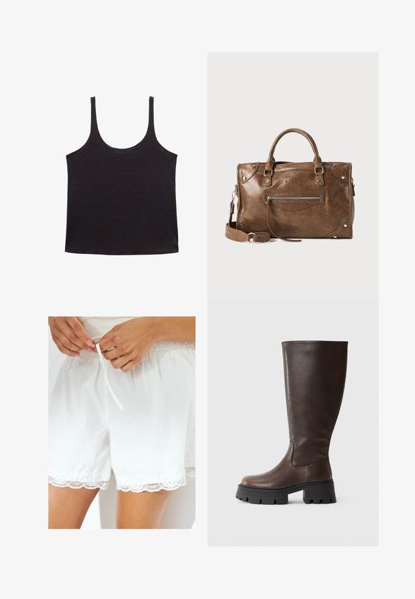 Sort tanktop i et blødt, letvægtsstof. Har en dyb rund halsudskæring og tynde stropper, med en lige kant og uden mønstre eller detaljer.; Hvide bomuldsshorts med elastisk talje og snor, med blonder tilføjet langs kanten for ekstra detalje.; Brune knæhøje støvler lavet af glat syntetisk læder, med en kraftig sort platformsål og minimal syning for et elegant design.; Brun læder håndtaske med justerbar skulderrem, håndtag øverst, lynlås foran og metalhardware detaljer. Tekstureret overflade.