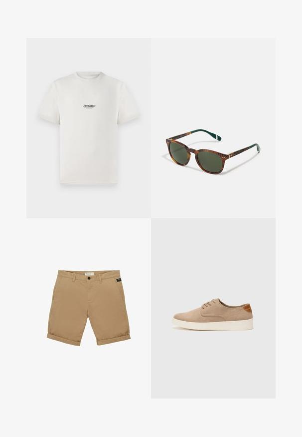Biała bawełniana koszulka z krótkimi rękawami, z czarnym logo "JJ Studios" na klatce piersiowej. Okrągły dekolt i standardowy krój.; TOM TAILOR DENIM - Szorty; Beżowe zamszowe sneakersy z okrągłym noskiem, sznurowanym przodem i teksturowanym akcentem na tyle. Biała gumowa podeszwa tworzy kontrast. Prosty i nowoczesny design.; Okulary przeciwsłoneczne w stylu żółwim z zielonymi soczewkami, w zaokrąglonym kształcie, z złotymi akcentami i ciemnozielonymi ramionami z białym paskiem.