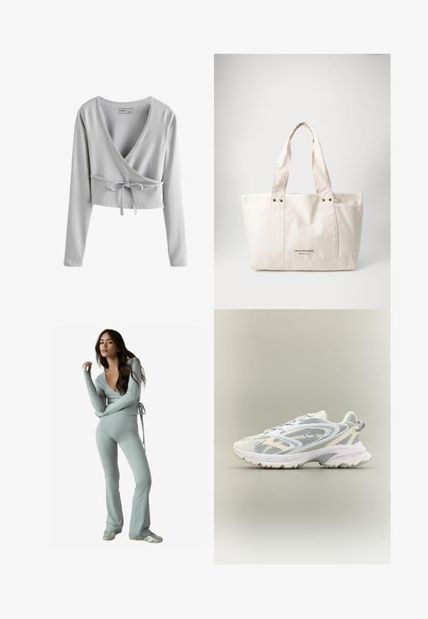 Szürke, rövidített, hosszú ujjú felső, mély V-kivágással, átkötős kialakítással és derékon megkötési részlettel. Puha anyag, sima textúrával.; Világosszürke, hosszú ujjú, keresztbe gombolt felső mély V-kivágással és állítható derékmegkötővel, amelyhez illeszkedő, lágy, rugalmas anyagból készült, bővülő nadrágot visel.; Sportcipők, fehér és világosszürke hálós felsőrésszel, párnázott talppal és texturált gumitalppal a tapadásért.; Világos bézs vászontáska, két erős fogantyúval, kontrasztos fehér díszítéssel, és a "THE NORTH FACE" fekete logóval az elején.