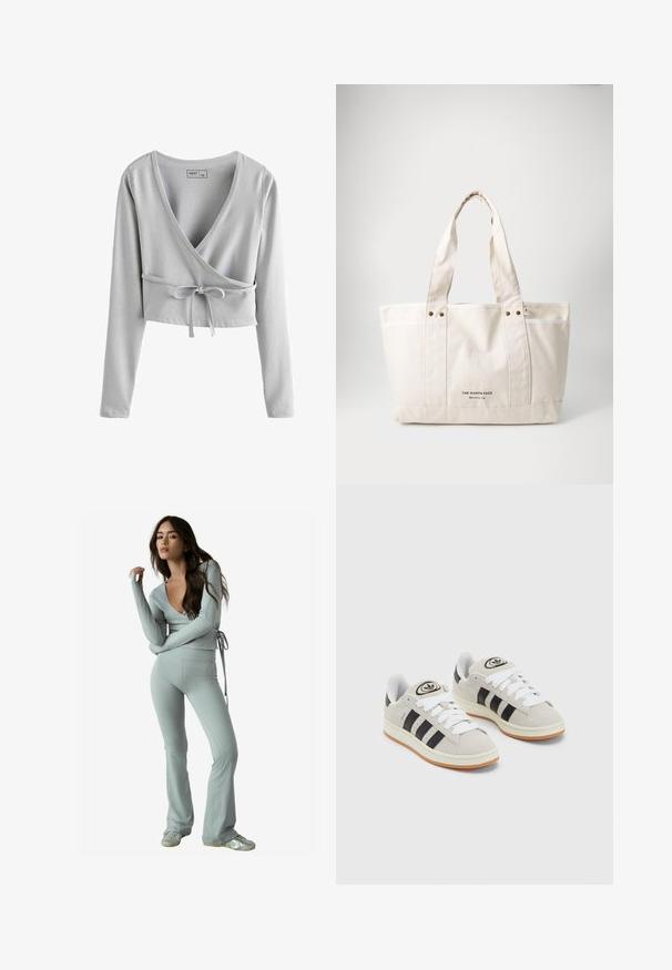 Top grigio corto a maniche lunghe con scollatura a V profonda, design avvolgente e dettaglio con fiocco in vita. Materiale morbido con una texture liscia.; Top avvolgente grigio chiaro a maniche lunghe con scollatura a V profonda e cintura regolabile in vita, abbinato a pantaloni a palazzo coordinati in tessuto morbido e elasticizzato.; Sneakers in suede grigio con lacci bianchi, strisce nere e suola in gomma bianca. Presentano un logo circolare sulla linguetta e una suola in gomma.; Borsa in tela color beige chiaro con due manici resistenti, rifiniture bianche a contrasto e logo "THE NORTH FACE" in nero sul davanti.