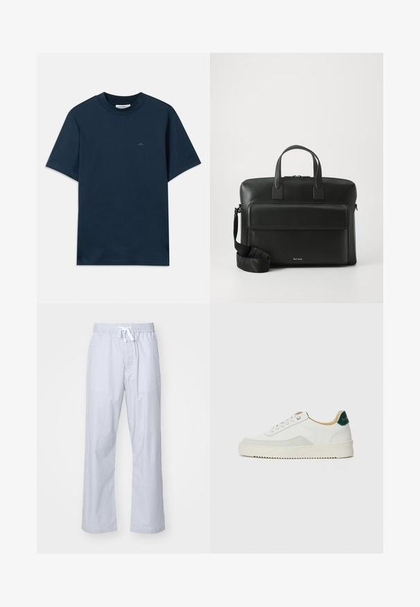 Tmavě modré bavlněné tričko s kulatým výstřihem, krátkými rukávy a decentním logem potištěným na hrudi. Hladká textura a klasický střih.; Světle modré pruhované pyžamové kalhoty s elastickým pasem a šňůrkou. Vyrobené z hladké látky a s uvolněným, rovně střiženým designem.; Bílé tenisky se semišovými prvky, kulatou špičkou, plochými tkaničkami a krémovou gumovou podrážkou. Na patě mají zelené logo.; Černá kožená aktovka s dvojitými horními držadly, přední kapsou a odnímatelným popruhem, s jemným brandingem ve spodní části.