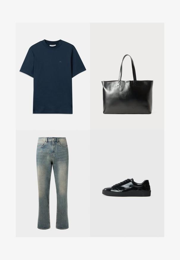 Morsko modra bombažna majica s krožnim izrezom, kratkimi rokavi in subtilnim logotipom natisnjenim na prsih. Gladka tekstura in klasičen kroj.; Svijetloplave traperice s ravnim nogavicama, srednjim strukom i suptilnim izbjeljivanjem. Sadrže klasičan stil džepova i kontrastno šivanje.; Črne lakirane usnjene teniske s zaobljenim nosom, vezalnim dizajnom, teksturirano gumijasto podplatom in gladkim koncem.; Črna gladka usnjena torba s pletenicama, pravokotne oblike in subtilnimi šivi na belem ozadju.