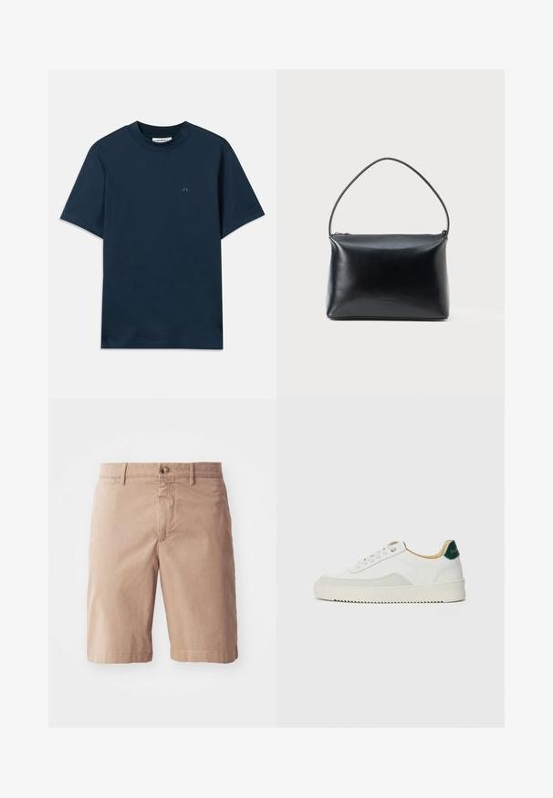T-shirt in cotone blu navy con collo a giro, maniche corte e un logo sottile stampato sul petto. Texture liscia e vestibilità classica.; Pantaloni corti in cotone beige con un design a gamba dritta, dotati di chiusura frontale con bottone e passanti per cintura. Texture liscia con dettagli di cucitura minimi.; Sneaker bianco con accenti in camoscio, punta rotonda, lacci piatti e suola in gomma crema. Presenta un marchio verde sul tallone.; Borsa a mano in pelle nera liscia con un singolo manico curvo e chiusura a zip sulla parte superiore, presentata su uno sfondo bianco semplice.