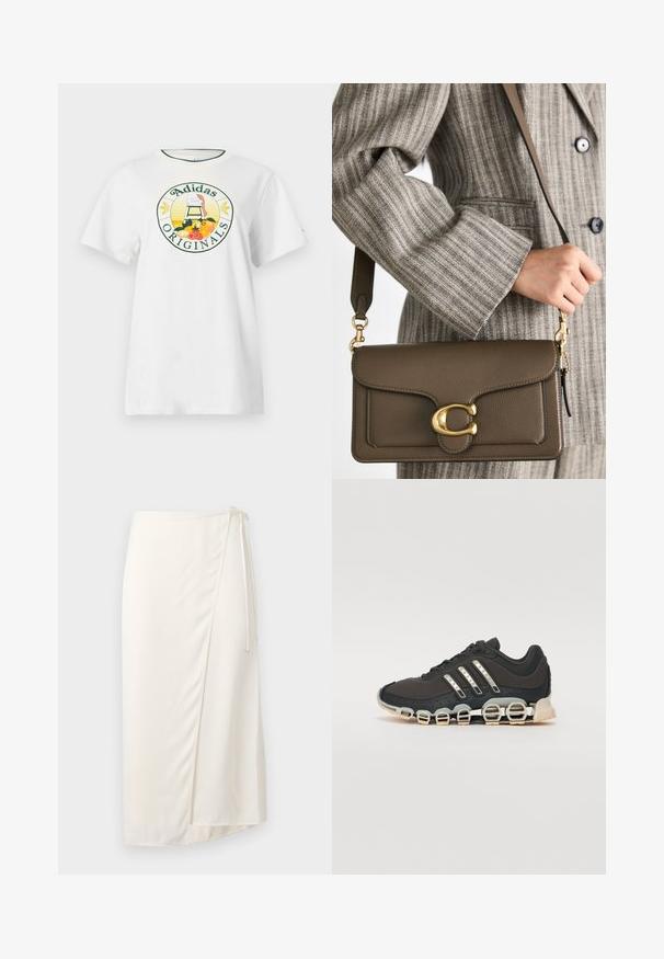 T-shirt en coton blanc à manches courtes, avec un logo graphique rond en vert et jaune, affichant "Adidas Originals" et des motifs de fruits.; Jupe enveloppante crème en tissu lisse, avec une fermeture à nouer sur le côté et un ourlet à mi-genoux avec une légère fente à l'avant pour plus de liberté de mouvement.; Chaussure de sport noire avec un dessus texturé, trois bandes argentées et une semelle amortissante distinctive comportant plusieurs sections intégrées.; COACH TABBY SHOULDER BAG 26 - Sac à main - dark stone