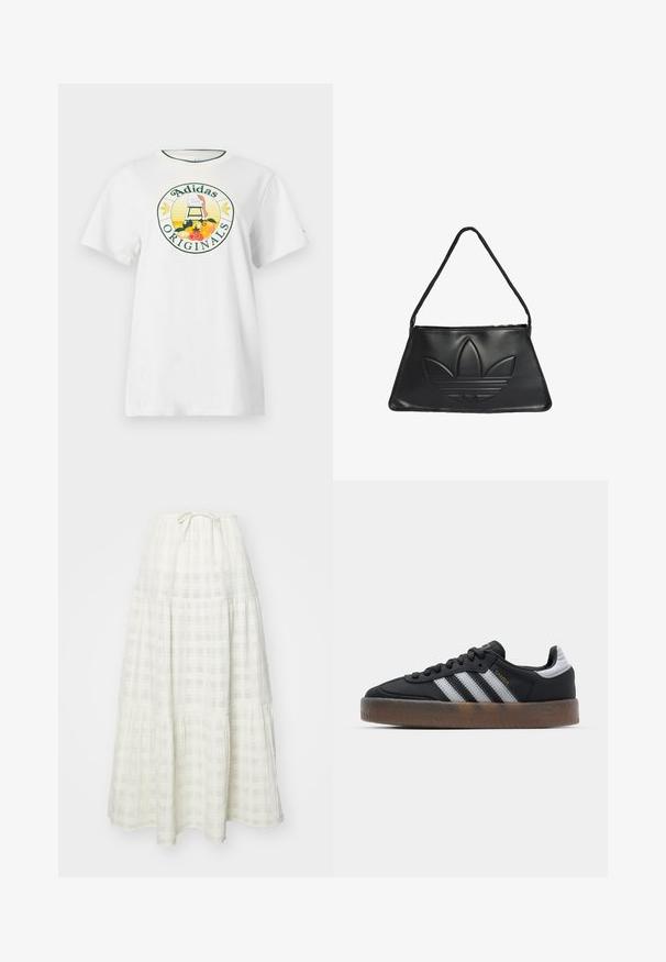 Witte katoenen T-shirt met korte mouwen, met een ronde grafische logo in groen en geel, waarop "Adidas Originals" en fruitontwerpen zijn afgebeeld.; Lange witte rok van textuurstof, met een geruit patroon, een gelaagd ontwerp en een taps toelopende strik bij de taille.; Zwarte sneakers met een slank ontwerp, voorzien van drie witte strepen, een zwarte tong en een gestructureerde bruine rubberen zool. Accenten van gouden letters.; Zwarte leren handtas met een trapeziumvorm, voorzien van een verhoogd Adidas logo ontwerp en een dunne schouderband. Ritsluiting aan de bovenkant.