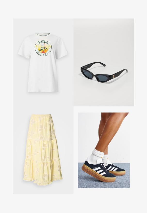 Bela bomba majica s kratkimi rokavi, ki ima okroglo grafično oznako v zeleni in rumeni barvi, na kateri je napis "Adidas Originals" in vzorci sadja.; Rumena slojevita krilna obleka iz lahkega materiala, ki ima cvetlične vzorce in okrogle izreze. Elastičen pas in čipkast rob.; Črni antilop superge z belimi črtami in poudarki, okrogel prst, gumijasti podplat, kombinirane z belimi rebrastimi nogavicami.; Črne sončna očala z elegantnim, anguliranim dizajnom. Imajo temna leča, sijočo površino in zlat akcent na pozlačenem delu.