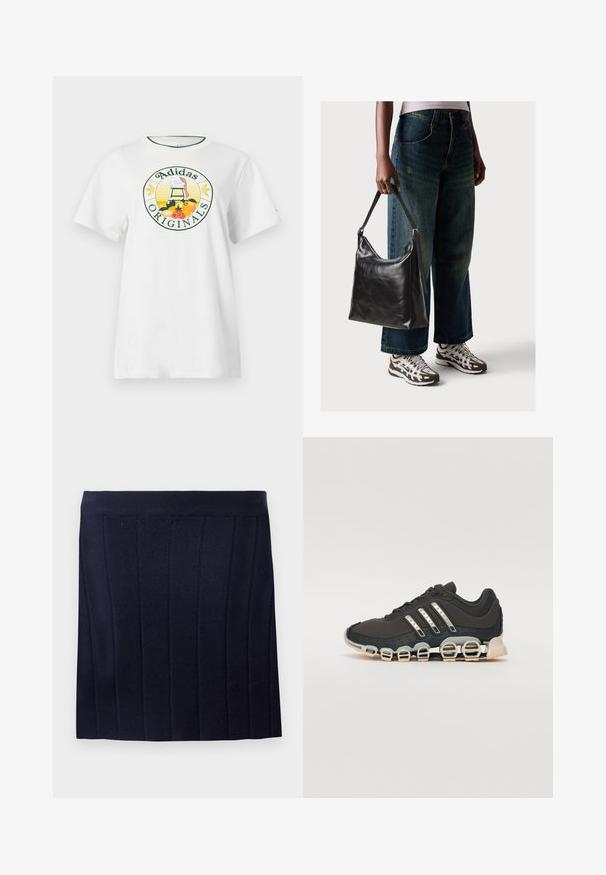 T-shirt en coton blanc à manches courtes, avec un logo graphique rond en vert et jaune, affichant "Adidas Originals" et des motifs de fruits.; Object OBJTHESS - Minijupe - sky captain; Chaussure de sport noire avec un dessus texturé, trois bandes argentées et une semelle amortissante distinctive comportant plusieurs sections intégrées.; Sac à bandoulière en cuir noir avec une texture lisse et une bandoulière réglable, associé à un jean ample décoloré et des baskets de sport.