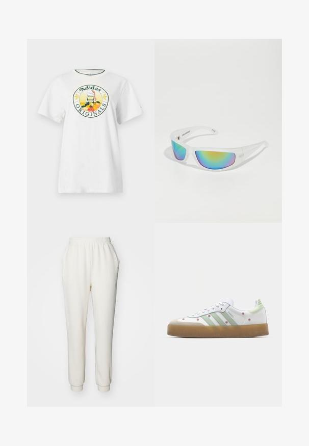 Balta medvilnė marškinėliai trumpomis rankovėmis, su apvaliu grafiniu logotipu žaliai ir geltonai, kuriame yra užrašas "Adidas Originals" ir vaisių dizainai.; Baltos, siaurėjančios sportinės kelnių iš minkštos medžiagos su elastinga juosmena ir įrišimais ant kulkšnies. Yra šoninės kišenės patogumui.; Balti sportbačiai su žaliais akcentais, trimis juostelėmis, gėlių siuvinėjimu ir guminiu padu. Yra su apvaliu pirštu ir šnypštimo dizainu.; Akiniai nuo saulės su skaidriu baltu rėmu ir atspindinčiais daugiaspalviais lęšiais. Sportiškas dizainas ir sraigtasparnio forma.