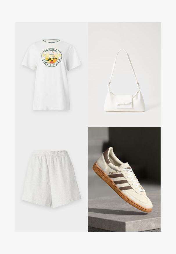 T-shirt en coton blanc à manches courtes, avec un logo graphique rond en vert et jaune, affichant "Adidas Originals" et des motifs de fruits.; Shorts en coton gris avec une taille élastique, des coutures latérales et sans poches visibles. Texture douce avec un design simple et sans motifs.; Baskets en suède blanc avec des accents en cuir marron, trois rayures marron et lacets blancs. Présente une semelle en gomme texturée et un logo doré "SPEZIAL".; Sac à main synthétique blanc en forme triangulaire, avec un rabat avant plat et un détail en nœud, une bandoulière ajustable, une texture lisse et un design minimaliste.