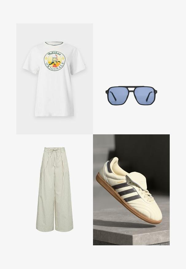 Valkoinen puuvillapaita lyhyillä hihoilla, jossa on pyöreä graafinen logo vihreällä ja keltaisella, näyttäen "Adidas Originals" ja hedelmäsuunnitteluita.; Vaatteet hameet leveälahkeiset housut kermaisen väriset, joissa on ohuita ruskeita pystysuoria raitoja. Varustettu pleiteillä ja vyötäröllä solmittavalla vyöllä. Valmistettu sileästä kankaasta.; Kreemivärvi nahast tennisekad, millel on kolm tumedat triipu, pruun kummist tald ja ümar varvas. Omab volditavat keelt, millel on silt "SAMBA."; Stradivarius RETRO - Aurinkolasit - light blue