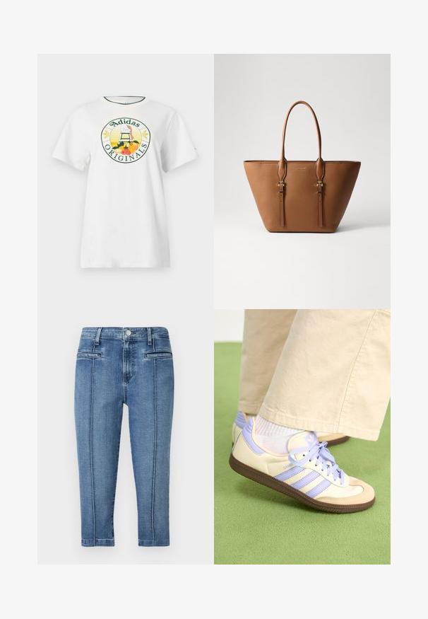 Fehér pamut póló rövid ujjakkal, kerek grafikus logóval zöld és sárga színben, amelyen az "Adidas Originals" felirat és gyümölcs minták láthatók.; Középkék farmernadrág, öt zsebes dizájnnal, egyenes szabással és kontraszt varrással az oldals Seameken.; Krém és levendula színű sportcipők három csíkkal és texturált barna talppal, fűzőkkel és párnázott sarokkal. Puha anyagú felsőrész.; Barna bőrtáska texturált felülettel, csepp alakú dizájnnal, két strapabíró fogantyúval és dekoratív aranyszínű hardware kiegészítőkkel.