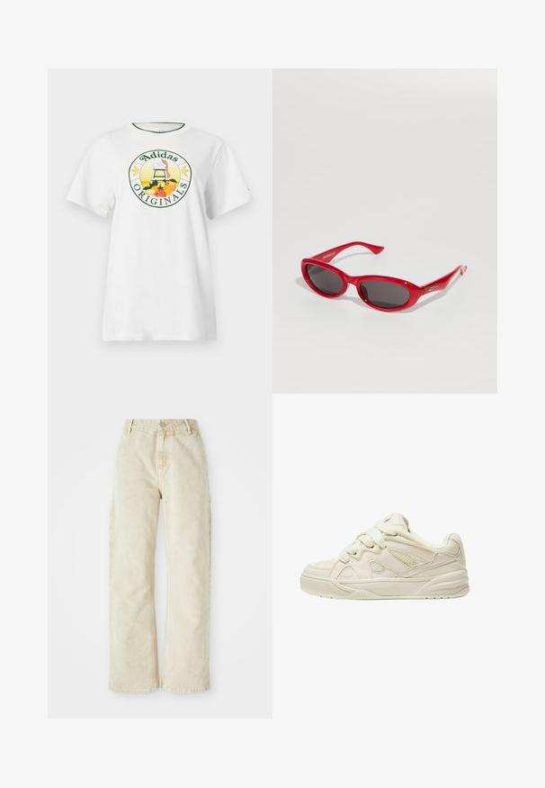 T-shirt en coton blanc à manches courtes, avec un logo graphique rond en vert et jaune, affichant "Adidas Originals" et des motifs de fruits.; Pantalons en denim beige à jambes larges avec taille haute, dotés d'une fermeture à boutons et zippée à l'avant, de passants de ceinture et de poches latérales. Texture douce.; Baskets beiges avec une tige texturée, des lacets proéminents, des panneaux en maille et une semelle épaisse. Design courbé avec un col rembourré pour le confort.; Lunettes de soleil rouges avec une monture en plastique brillant, des verres ovales et des branches droites. Détails notables comprenant des accents matériels subtils sur les branches.