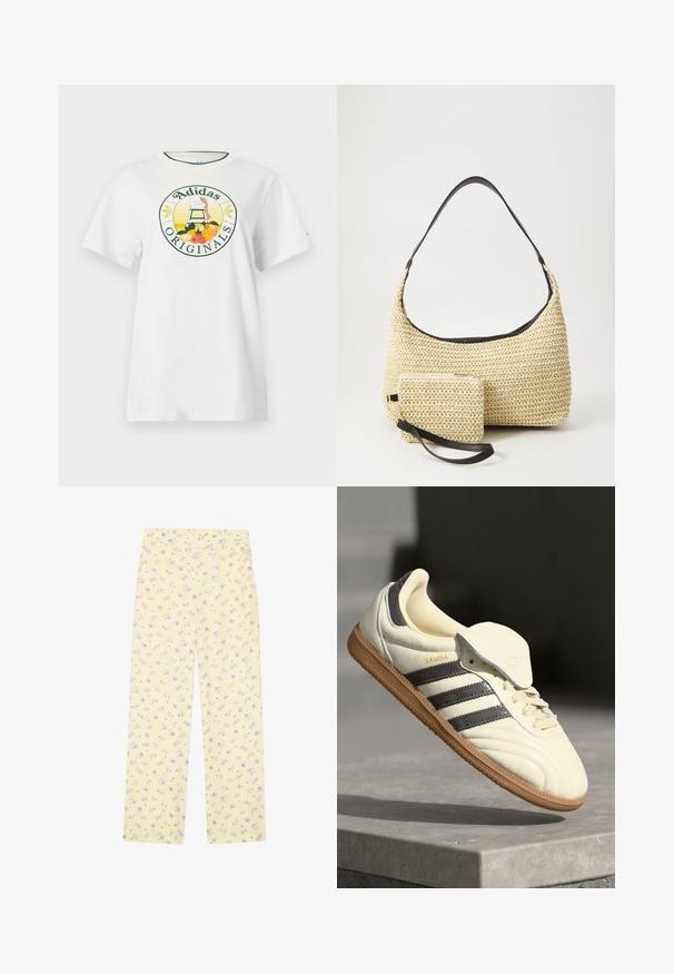 Tricou alb din bumbac, cu mâneci scurte, având un logo grafic rotund în verde și galben, care afișează "Adidas Originals" și desene cu fructe.; Pantaloni largi de culoare galben deschis, cu un model floral în nuanțe de albastru. Talie elastică, textură moale și croială dreaptă, concepută pentru confort.; Sneakers din piele crem cu trei dungi întunecate, o talpă din cauciuc de culoare maronie și un vârf rotunjit. Dispune de o limbă pliabilă etichetată "SAMBA."; Geantă din paie țesută, cu o siluetă curbată, având o curea din piele neagră netedă și un plic mic asortat, atașat printr-un breloc pentru încheietură.