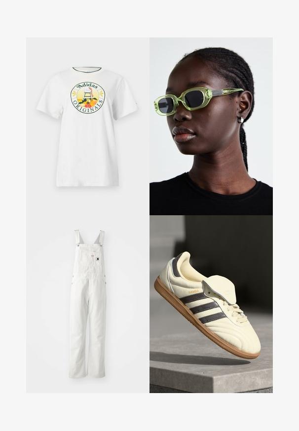 Balta medvilnė marškinėliai trumpomis rankovėmis, su apvaliu grafiniu logotipu žaliai ir geltonai, kuriame yra užrašas "Adidas Originals" ir vaisių dizainai.; Balti medvilniniai kombinezonai su reguliuojamomis petnešomis, priekinėmis kišenėmis ir šoninėmis sagomis; laisvas siluetas su tiesiomis kojomis; minimalus matomas siuvimas.; Kremo spalvos odiniai sportbačiai su trimis tamsiomis juostelėmis, rudos gumos padas ir apvalus nosis. Yra lankstus liežuvis su užrašu "SAMBA."; Žalios atspalvio saulės akinių rėmelis yra lieknas ir stačiakampis, su tamsiais objektyvais; tekstūruotos pilkos šoninės dalys su ženklu. Lygus oda ir juoda marškinėliai.