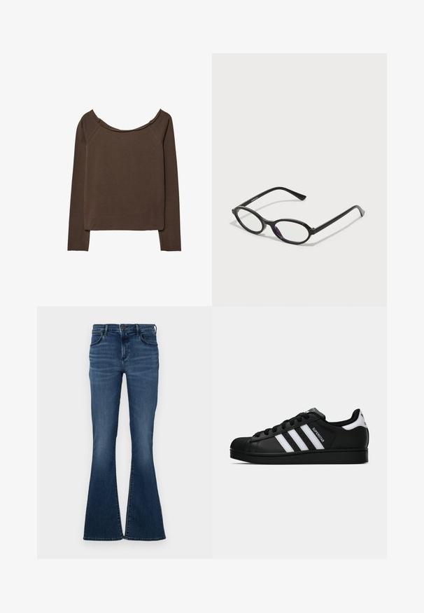 Brun langærmet top med bred halsudskæring, lavet af blødt materiale, med en afslappet pasform og minimale sømme for en glat silhuet.; Mørkeblå flagrende jeans med fem-lomme design, denim materiale, en talje med knaplukning og diskret falming foran.; Sort Adidas Superstar sneaker med hvide striber, skaletå og "Superstar"-tekst på siden, vist i sideprofil på hvid baggrund.; Sorte ovale briller med gennemskinnelige lilla accenter på linserne. Rammen har en mat finish og slanke, lige stænger.