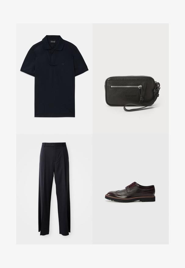 Marineblauwe polo met korte mouwen en kraag, met een subtiele logo op de linkerkant van de borst, plat gelegd op een witte achtergrond.; Zwarte, hooggewaisted broeken met een brede pijp, gemaakt van een gladde stof. Voorzien van voorkanten met plooien en riemlussen. Minimalistisch ontwerp, geen zichtbare hardware.; Bruine leren brogues met geperforeerde details, een ronde neus, textielaccenten en een zwarte rubberen loopzool met een gekleurde rand.; Zwarte leren clutch met een gestructureerd oppervlak, voorzak met rits en een afneembare polsband. Beschikt over een logo-opdruk aan de voorkant. Rechthoekige vorm.
