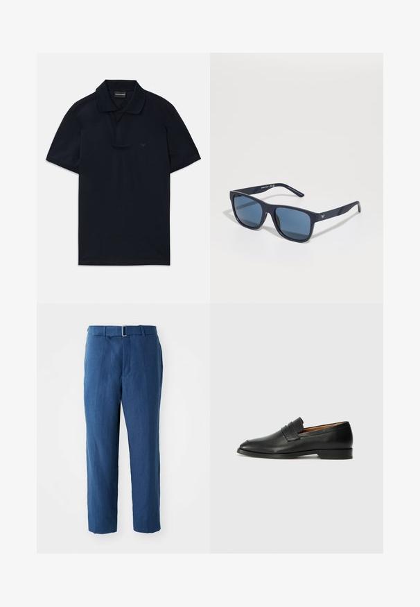 Námorně modrá polo košile s krátkým rukávem, límečkem a decentním logem na levé hrudi, položená na bílém pozadí.; Tmavě modré, přizpůsobené kalhoty vyrobené z lehké tkaniny. Mají těsný pas s opaskem a rovný střih nohavic, hladká textura.; Černé kožené mokasíny s kulatou špičkou, jemným prošíváním a nízkým podpatkem, s hladkým povrchem a minimalistickým designem.; Modré obdélníkové sluneční brýle s tmavými skly, matně námořnický rám, detail loga na spánkové části, rovné nožičky a hladký, solidní povrch.