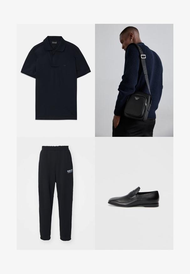Navyblaues Poloshirt mit kurzen Ärmeln, Kragen und dezentem Logo auf der linken Brust, auf weißem Hintergrund flach ausgelegt.; Schwarze Sweatpants aus weichem Gewebe, mit einem elastischen Bund, schmal zulaufenden Beinen und einem kleinen weißen Logo auf der linken Seite.; Schwarzer Leder-Slipper mit spitzer Zehe, glatter Textur und dezentem Branding an der Seite. Niedriger Absatz mit einem klaren, minimalistischen Design.; Schwarze Leder-crossbody-Tasche mit einem Reißverschlussfach, Logo-Detail und einem verstellbaren, gebrandeten Gurt. Getragen zu einem strukturierten marineblauen Pullover.