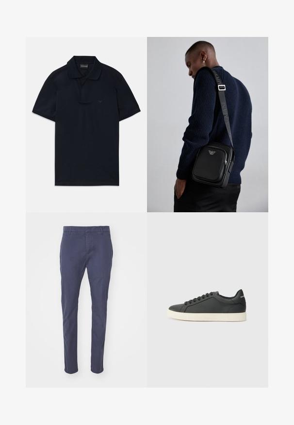Mørkeblå kortermet polo med krage og diskret logo på venstre bryst, liggende flat på hvit bakgrunn.; Marinebukser med slim fit, laget av lett bomull. Har beltehemper, sidelommer og en jevn overflate.; Svart skinnsneaker med lav profil, rund tå og snøring; har en teksturert gummisåle og logo-detalj på hælen.; Svart lær crossbody-veske med en glidelåslomme, logo-detalj og justerbar rem med merke. Båret mot en teksturert marineblå genser.