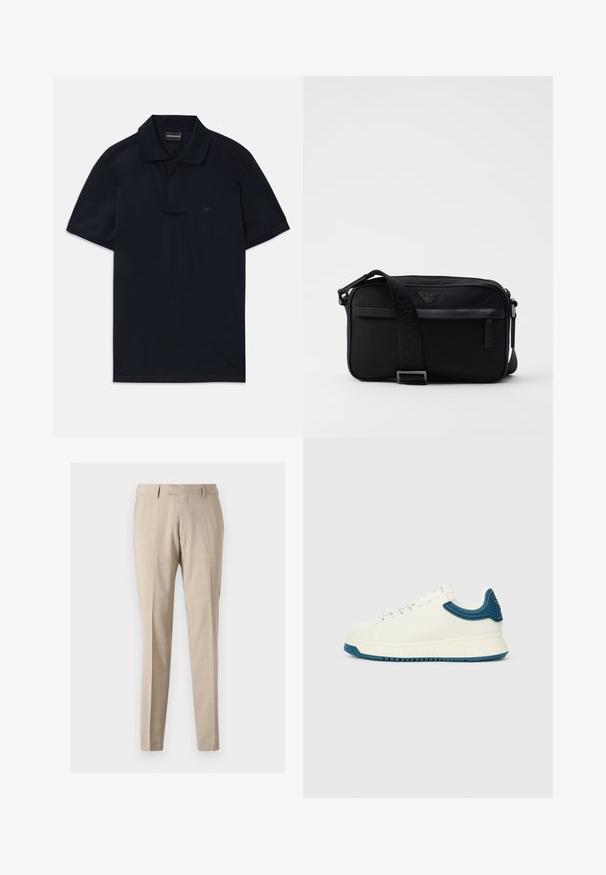 Mørkeblå kortermet polo med krage og diskret logo på venstre bryst, liggende flat på hvit bakgrunn.; Beige tapered bukser laget av lett stoff, med frontfolder, to sidelommer og en jevn tekstur.; Hvit sneakers med en glatt overflate, blå teksturerte detaljer rundt kragen, og en tykk såle. Den har runde lisser og en lavt topp design.; Svart nylon skulderveske med en kontrasterende stropp, slank rektangulær form, logo-detalj og en glidelåslomme på forsiden.