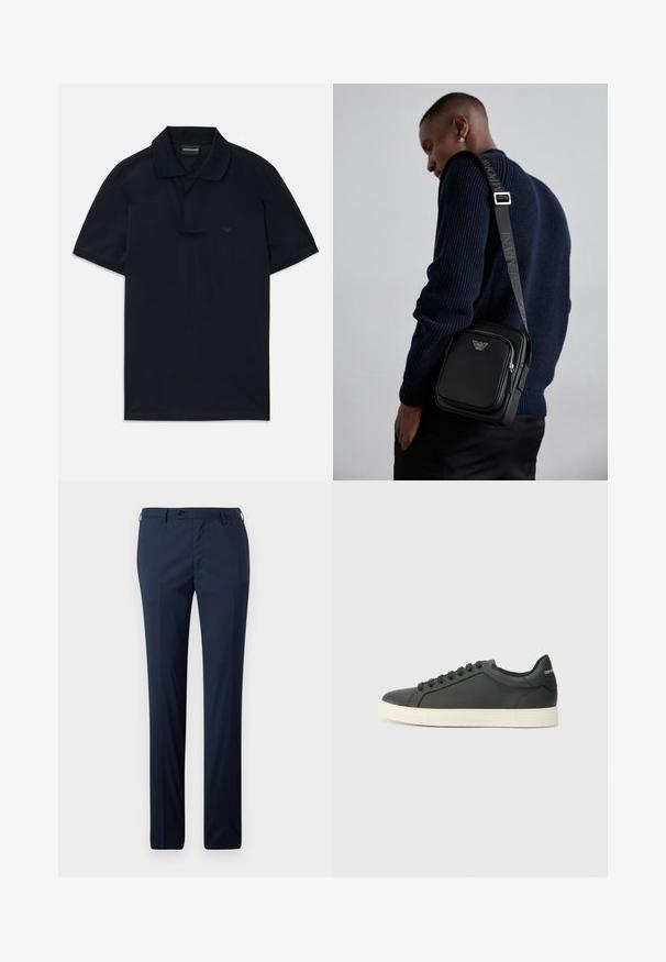 Polo de manga curta azul marinho com colarinho e logótipo discreto no lado esquerdo do peito, disposto em plano sobre um fundo branco.; Calças de fato azul marinho em corte reto, com uma textura suave, fecho de um único botão e passadores para cinto, proporcionando um ajuste sob medida.; Sapatilha de couro preto com perfil baixo, bico arredondado e fecho de atacadores; apresenta uma sola de borracha texturizada e detalhe do logotipo no calcanhar.; Bolsa de ombro preta em couro com um compartimento com fecho, detalhe com o logótipo e uma alça ajustável com a marca. Usada sobre um suéter texturizado azul marinho.