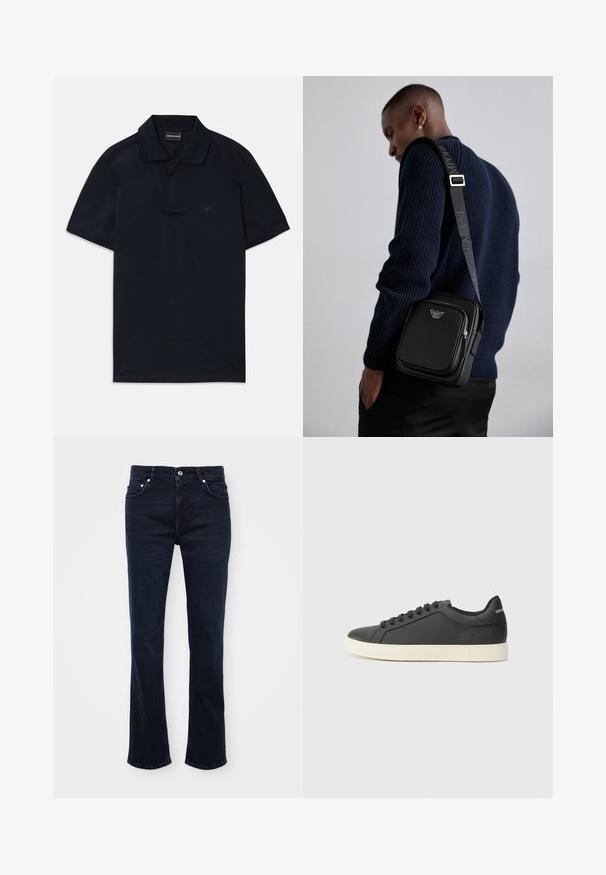 Mørkeblå kortermet polo med krage og diskret logo på venstre bryst, liggende flat på hvit bakgrunn.; Mørkeblå, utskårne jeans laget av denim, med frontknapplukking, fem lommer og rene linjer med subtile sømmer.; Svart skinnsneaker med lav profil, rund tå og snøring; har en teksturert gummisåle og logo-detalj på hælen.; Svart lær crossbody-veske med en glidelåslomme, logo-detalj og justerbar rem med merke. Båret mot en teksturert marineblå genser.
