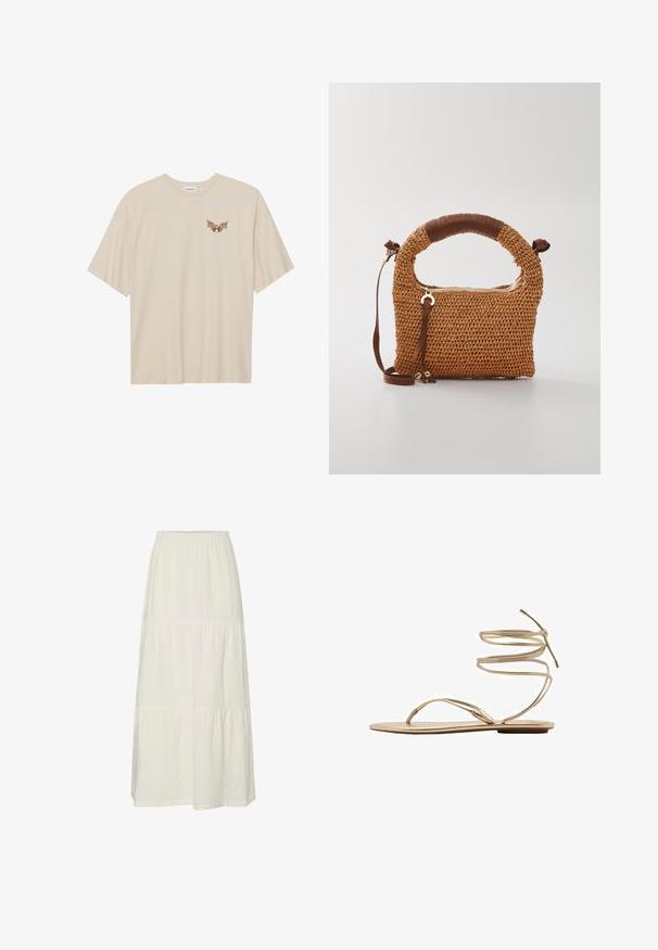T-shirt in cotone beige a maniche corte, con una piccola grafica marrone di ali e il testo "SLEEPY CLUB" sul petto.; Gonna maxi bianca a strati realizzata in tessuto leggero e testurizzato con vita elastica. Caratterizzata da tre sezioni di tessuto distinte.; Sandalo piatto dorato con sottili cinturini alla caviglia a spirale, design open toe e suola minimalista. Presenta una finitura metallica liscia.; Borsa a tracolla intrecciata marrone con manico arrotondato. Presenta una chiusura con zip e una tracolla regolabile, arricchita da un accentuazione in pelle sul manico.; Orecchini a cerchio in tonalità oro con bordo esterno in resina dal motivo tartaruga, dotati di una finitura liscia e di una forma circolare elegante.