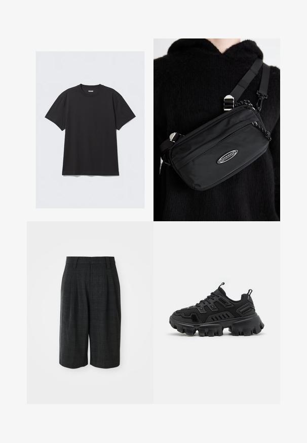 Black short-sleeve t-shirt made of cotton. Features a crew neckline and a relaxed fit. Simple design with no patterns or accents visible.; Dark gray knee-length tailored shorts with subtle plaid pattern and belt loops on a plain white background.; Black athletic shoe with textured rubber sole, layered design elements, and reinforced accents. Features laces and pull tab at the heel.; Black nylon crossbody bag with adjustable strap, featuring a smooth texture, a front zipper pocket, and a logo accent.