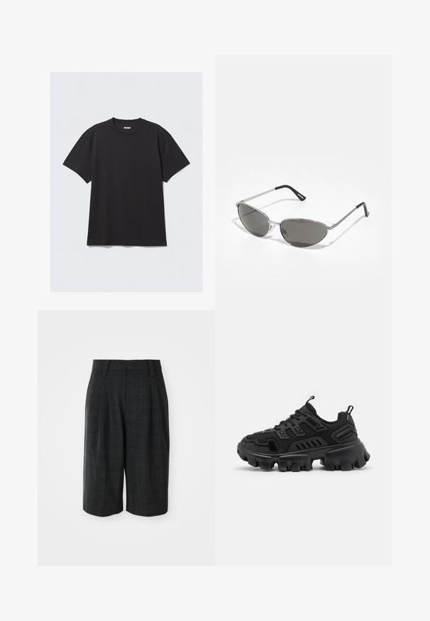 Schwarzes T-Shirt mit kurzen Ärmeln aus Baumwolle. Hat einen Rundhalsausschnitt und eine lockere Passform. Einfaches Design ohne sichtbare Muster oder Akzente.; Dunkelgraue knielange, maßgeschneiderte Shorts mit dezentem Karomuster und Gürtelschlaufen auf einem schlichten weißen Hintergrund.; Schwarzer Sportschuh mit strukturiertem Gummisohle, gestuften Designelementen und verstärkten Akzenten. Verfügt über Schnürsenkel und eine Schlaufe an der Ferse.; Sonnenbrille mit einem schlanken, silbernen Metallrahmen, grauen getönten Gläsern und einem aerodynamischen Design mit spitzen Kanten und dünnen Bügeln.