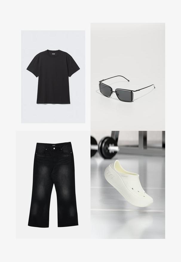 Melnas īsām piedurknēm t-krekls, kas izgatavots no kokvilnas. Tam ir apaļa kakla izgriezne un brīva piegriezuma siluets. Vienkāršs dizains bez rakstiem vai akcentiem.; Melni platām kājām džinsi, izgatavoti no denima, ar divām priekšējām kabatām, maigu izbalējušu efektu un pogu aizdari jostasvietā.; Baltas slip-on apavi ar gludu, teksturētu virsmu, kas aprīkoti ar divām ventilācijas atverēm un izliekta dizaina. Zīmola logo redzams uz sāniem.; Melni taisnstūra saulesbrilles ar plānu metāla rāmi un tumši tonētiem stikliem. Iezīmē vienkāršu dizainu un slaidas kājiņas.