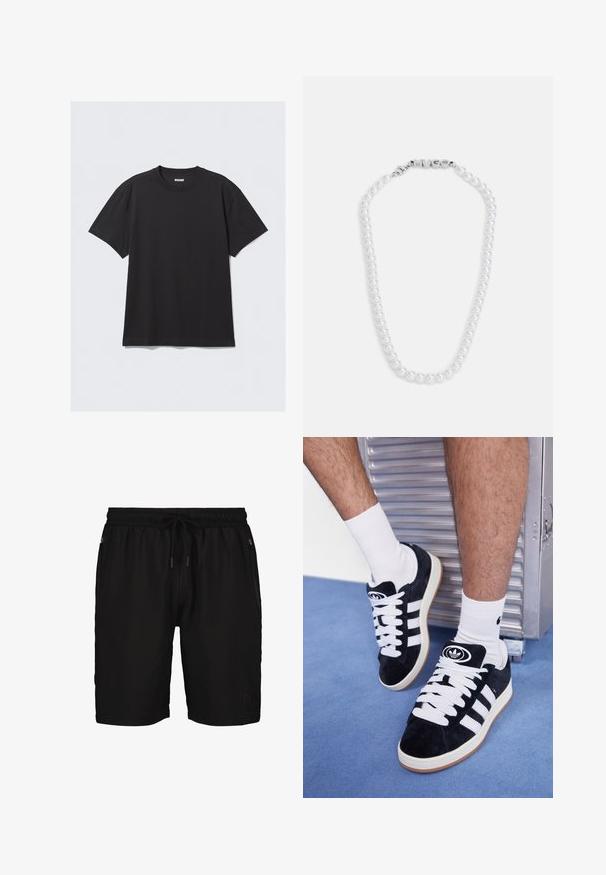 T-shirt nero a maniche corte in cotone. Presenta un collo a giro e una vestibilità comoda. Design semplice senza motivi o dettagli visibili.; Pantaloni sportivi neri con cintura elastica e cordino. Presentano due tasche laterali con zip e un dettaglio con logo sul lato sinistro inferiore.; Sneakers in suede nero con lacci bianchi e tre strisce bianche. Presentano un logo circolare nero sulla linguetta e una suola in gomma color gomma.; Collana di perle bianche con una texture liscia, dotata di un chiusura in argento con la scritta "HUGO" in rilievo. Perle di dimensioni uniformi in un design classico.