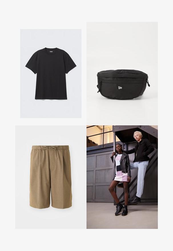 Black short-sleeve t-shirt made of cotton. Features a crew neckline and a relaxed fit. Simple design with no patterns or accents visible.; Brown pleated shorts with an elastic waistband and adjustable drawstring. Made from a smooth, lightweight fabric with straight-cut legs.; Two models pose on a metal staircase. One wears a black leather jacket over a multicolored striped dress and black ankle boots. The other sports a black jacket, light jeans, and black boots.; Black waist bag made of nylon; features a front zipper pocket, adjustable strap, and a logo patch. Rounded shape with a smooth texture.
